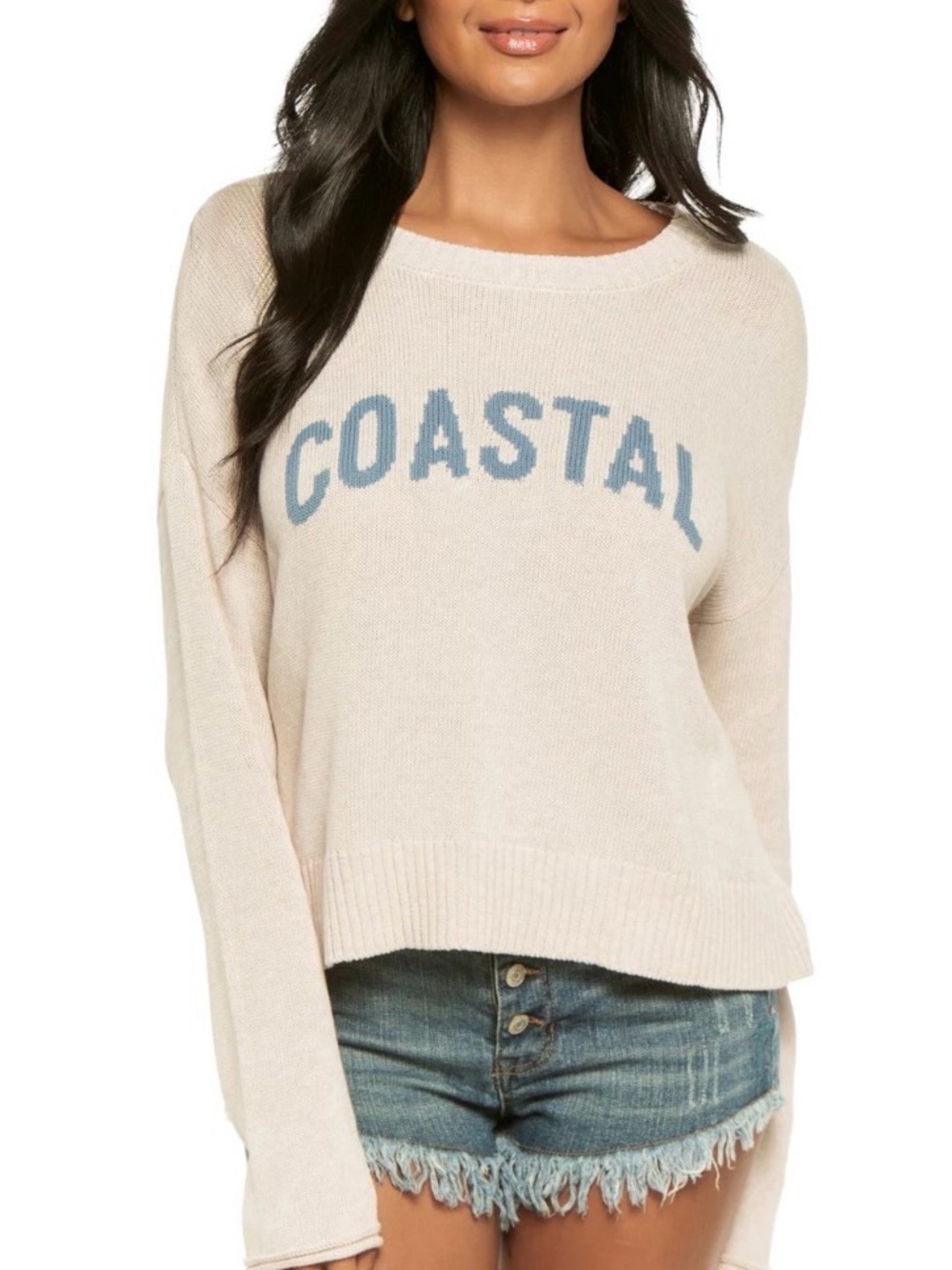 Z Supply Cream Crewneck Sweater with Blue COASTAL Lettering